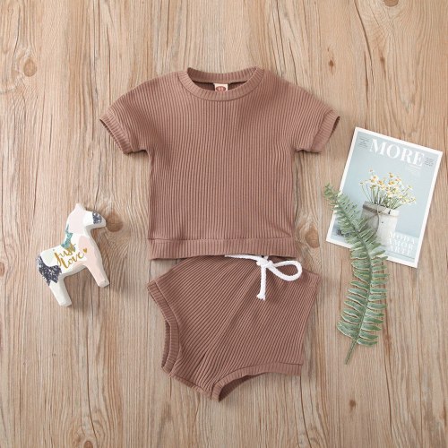 Casual Toddler Newborn Clothing Set Solid Color Ribbed Knitted T-shirt+Shorts Suits