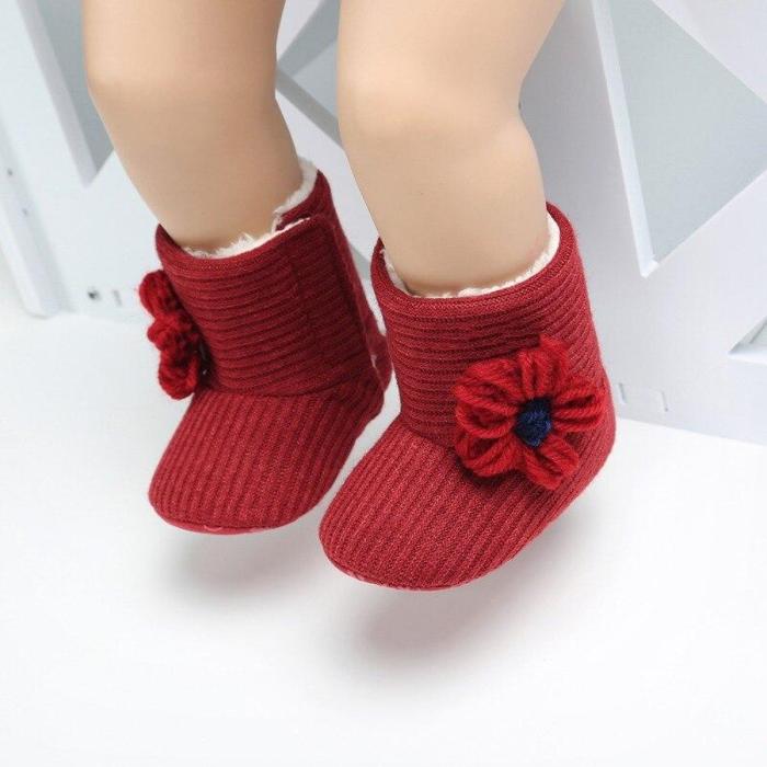 Fashion Baby Girls Boot Newborn Winter Warm Knit Boots Toddler Infant Soft Sole Shoes Flower Baby Shoes 0-18M