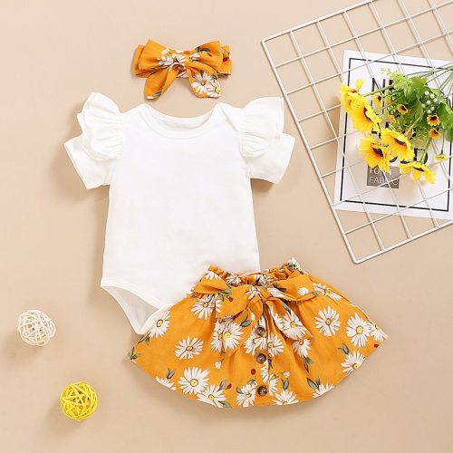 Fashion baby girl clothes summer Infant Baby Girl Solid Romper+Sunflower Print Skirts+Headbands Outfits