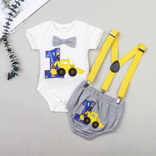 Newborn Baby  Clothes Gentleman  Birthday Romper Straps Shorts Outfits Cartoon Print Sets