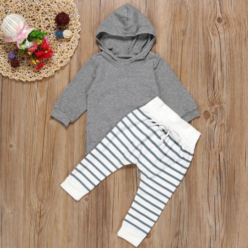 2pcs Newborn Baby Boys Girls Autumn Hooded Coat Tops+striped Pants Legging Outfits Clothes Sets