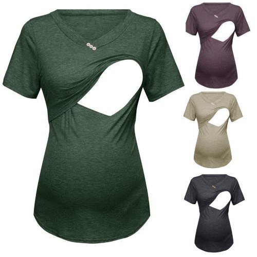 Maternity Clothes Women's Short Sleeve Pure Colour Breastfeeding Nusring Pregnancy Tops