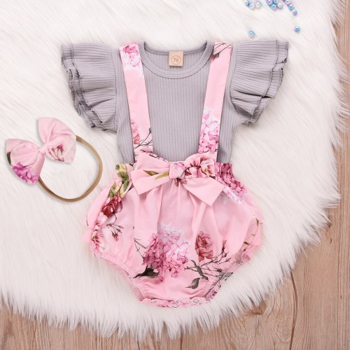Fashion baby girl clothes Toddler Infant Baby Girl Sleeveless O-Neck Ruffle Tops Overall printing Clothes Set