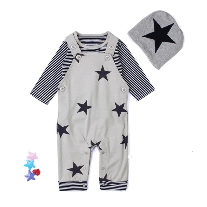 3PCS Newborn Baby Sets Stripe T-shirt Top Bib Pants Overall Hat Outfits Sets