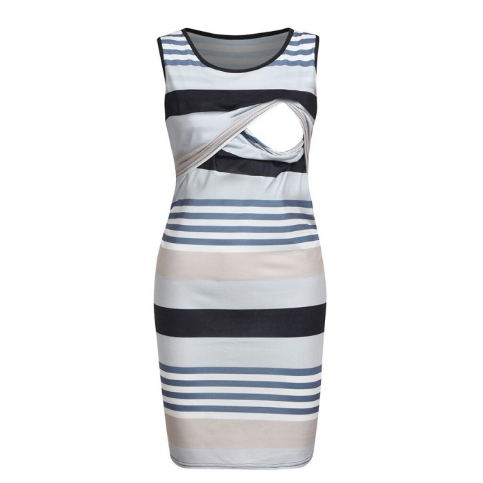 2020 Summer Maternity Dress Women Maternity Sleeveless Comfy Stripe Print Nursing Dress For Breastfeeding