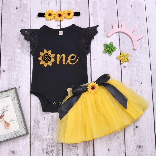 New Infant Baby Girls Clothes Sunflower Print Sleeveless Romper Tulle Dress With Headband Outfits Sets