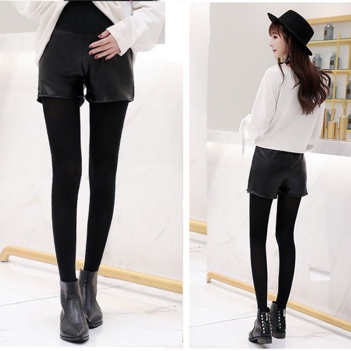 PU Leather Shorts Pregnant Outwear Leggings Maternity Warm Slim Thicken Pants