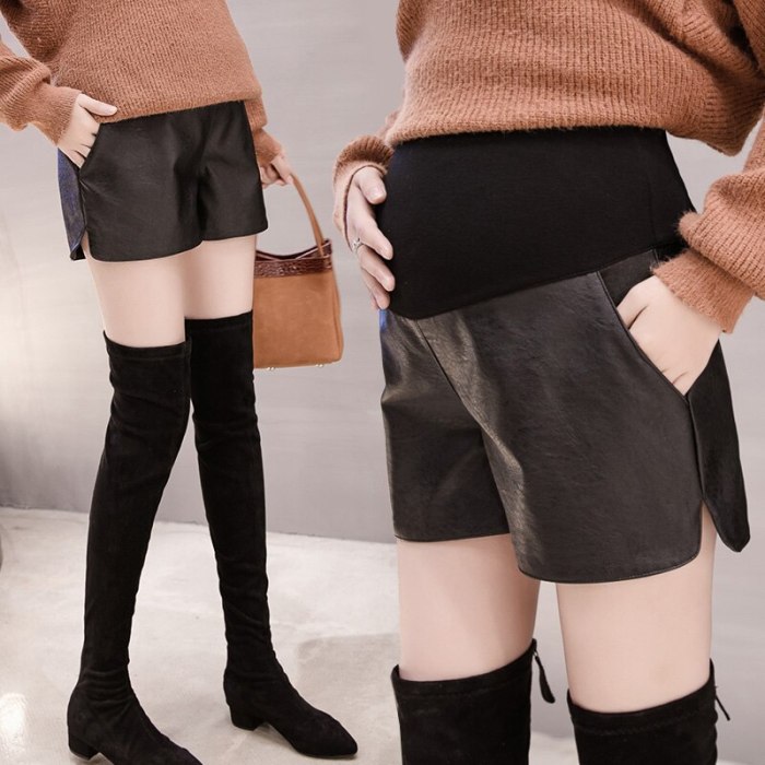 2020 Elastic Waist PU Leather Shorts Maternity Belly Pants Spring Summer Pregnancy  Shorts