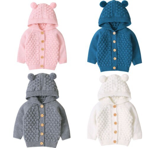 Newborn Infant Kids Baby Boys Girls Sweaters Soild Color Button Hooded Coat Autumn Outwear Knitted Coat Outfit 3-24M