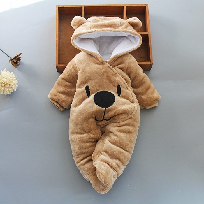 Newborn baby girl jumpsuit winter thick warm warm jumpsuit solid color hooded baby boy robe romper baby piece Romper out clothes