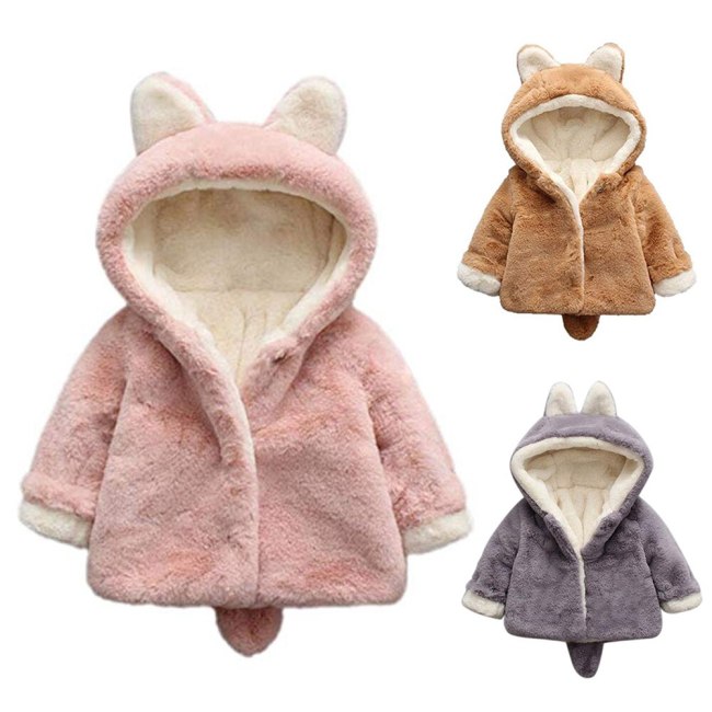 Toddler Cute Rabbit Hooded Coat with Ear and Tail Plus Velvet Thick Warm Plush Outerwear