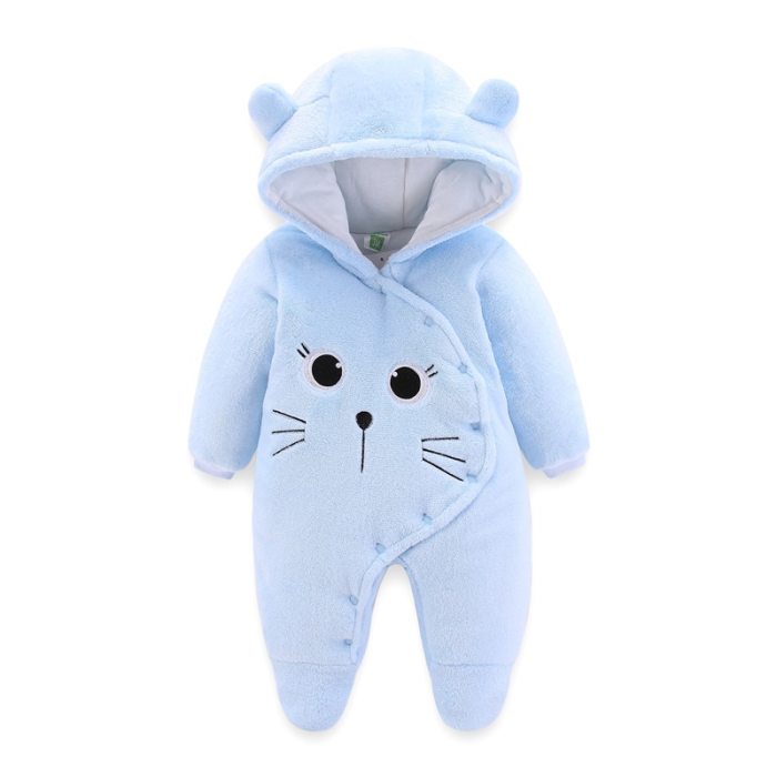 Newborn baby girl jumpsuit winter thick warm warm jumpsuit solid color hooded baby boy robe romper baby piece Romper out clothes