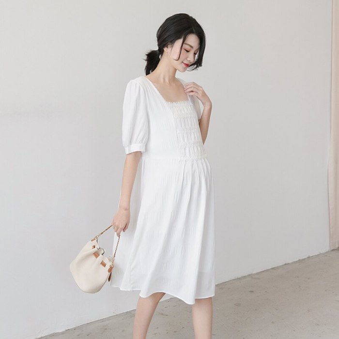 Maternity Dresses With Puffed Sleeves Fold Pure White Summer Dress TopMaternity Wear