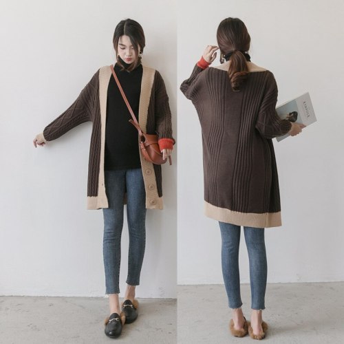 Pregnant Women Cardigan Casual winter Sweater Contrast Color Full Sleeve X-Long Loose Knitted Maternity Clothings