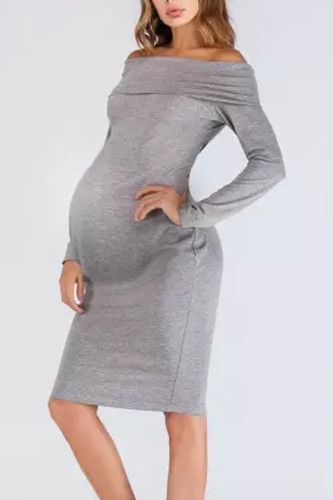 Maternity Grey One-Neck Long-Sleeved Dress