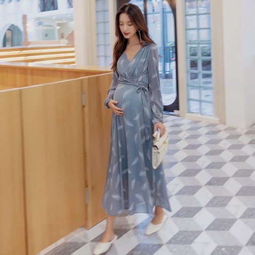 Pregnant dress holiday high waist long sleeve maternity gowns feather women clothing dresses outwear for pregnancy