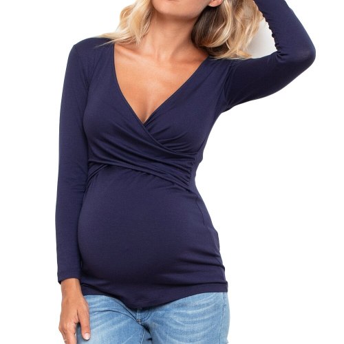 Maternity Shirt Nursing Tops Pregnancy Shirts Deep V-neck Long Sleeve Printed Tops