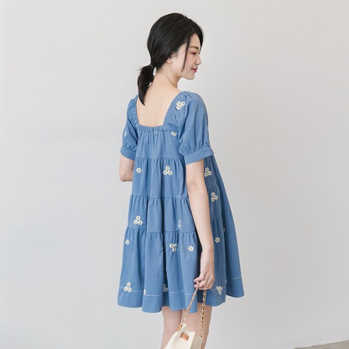 Embroidered Denim Blouse Short Sleeve Square Collar Plus Size  Maternity Dress