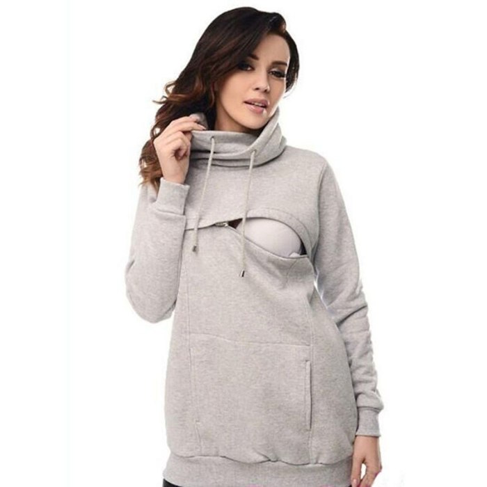 Long Sleeves Maternity Hoodies with Hat Drawstring Nursing Hoodie Sweaters Lactation Matherinity Clothes for Breastfeeding