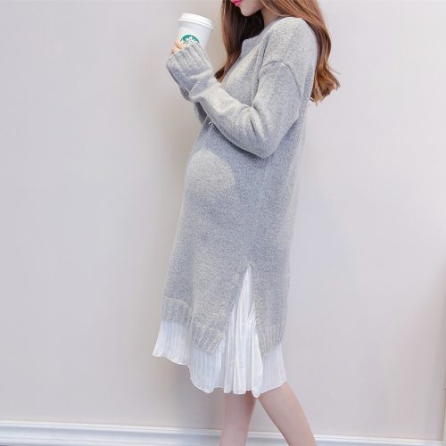 Pregnant Women Sweater Dress Patchwork Thick Winter Knitted Pullover Boat neck Casual Full Sleeve Knee-Length Maternity Cardigan