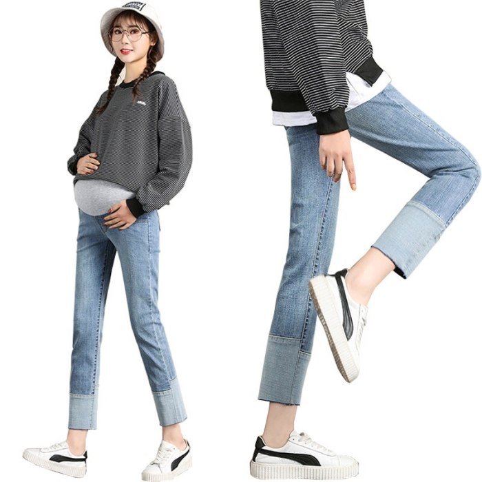 New Spring And Autumn Foot Stitching Small Straight Pants Pregnancy  Jeans Maternal Clothes