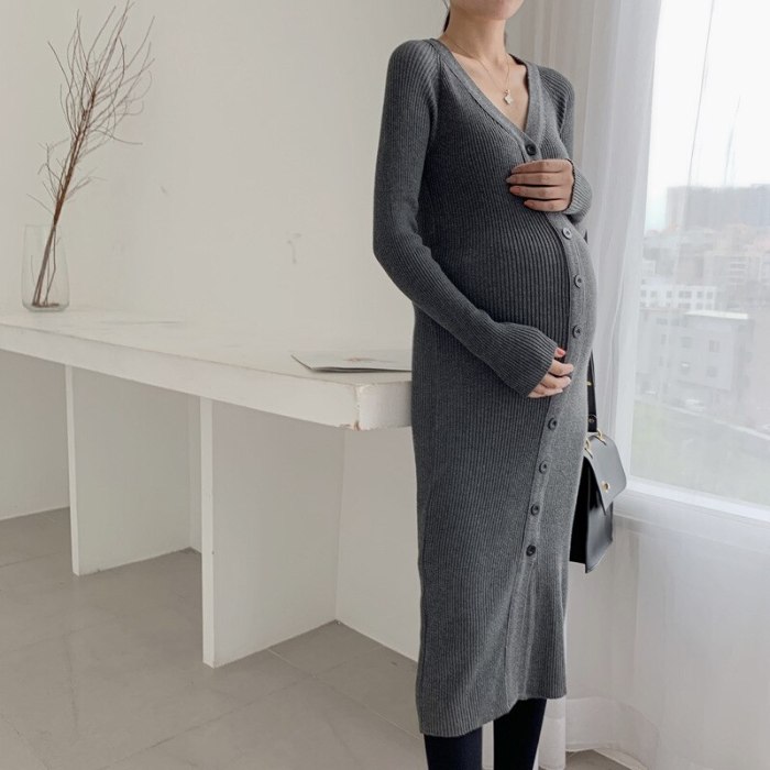 Maternity Dresses V Collar Pregnancy Dress Long Sleeve Sweater with Bottom Pregnancy Clothes Autumn Winter Clothes for Women
