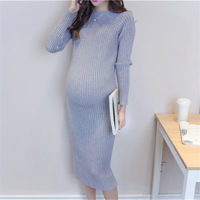 Maternity Elastic Dress Thick Winter Knitted  Knee-Length Pregnant Sweater