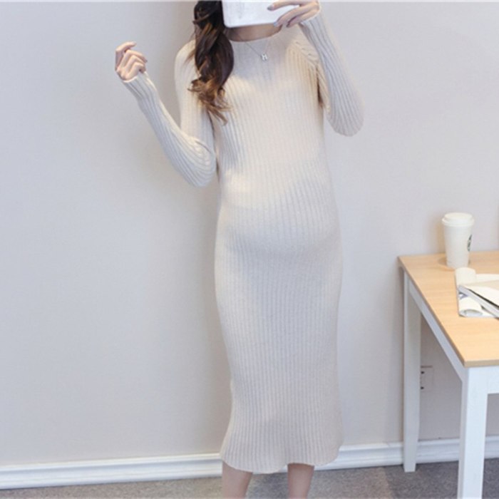 Maternity Elastic Dress Thick Winter Knitted  Knee-Length Pregnant Sweater