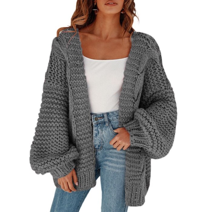 Women Fall Winter 2020 Casual Solid Lantern Sleeve Plus Size Sweater Cardigan Knitted Coats