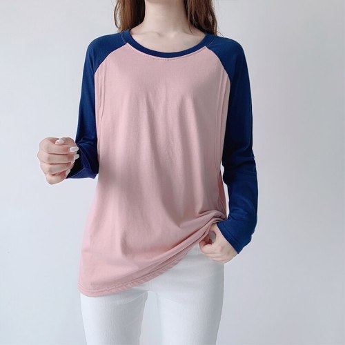 Raglan Sleeve Stitching Color Long-sleeved Nursing T-shirt Cotton Postpartum Home Clothes Top