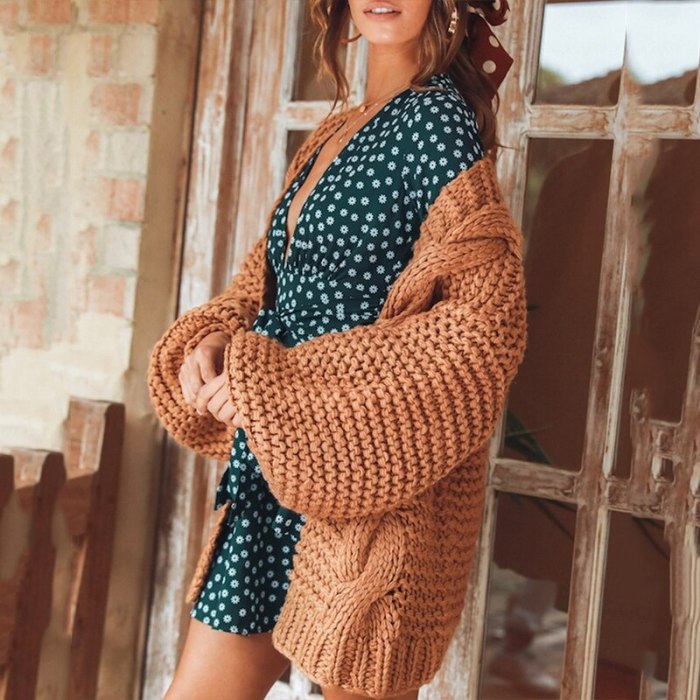 Women Fall Winter 2020 Casual Solid Lantern Sleeve Plus Size Sweater Cardigan Knitted Coats