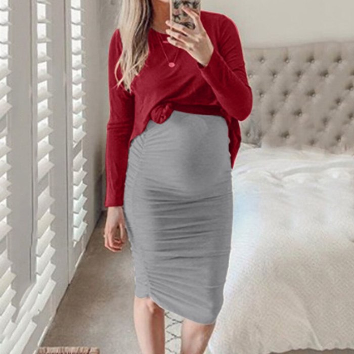 Maternity Clothes Autumn Pregnant Women Dress Casual Sexy O Neck Long  Sleeve Solid A-line Dresses