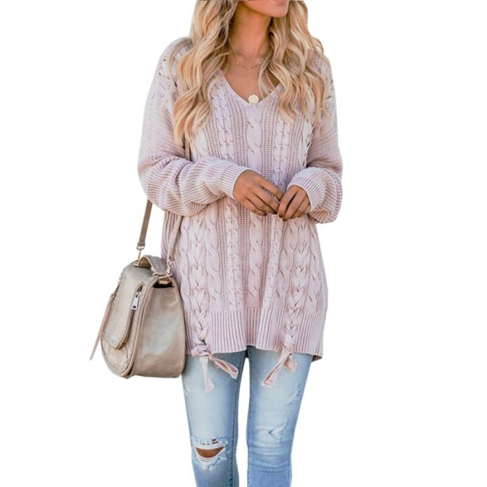 Winter V-Neck Long-sleeved Sweater Twist Knitting Tie Solid Casual Solid Sweater
