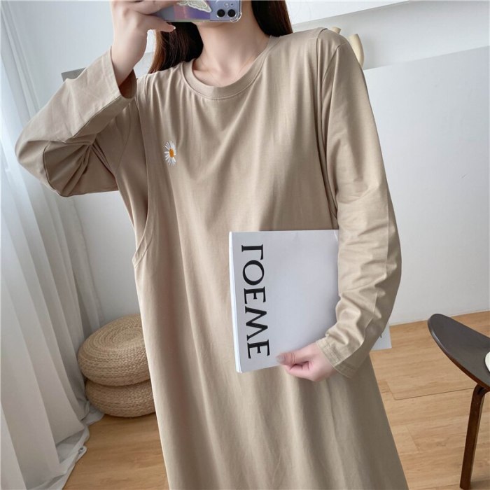 Daisy Embroidered Long Sleeve T-shirt Dresses Solid Color Breastfeeding Clothes
