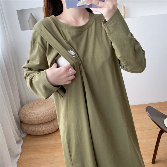 Daisy Embroidered Long Sleeve T-shirt Dresses Solid Color Breastfeeding Clothes
