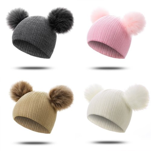 Fur Winter Warm Pompom Hat Solid Cotton Beanie Child Knitted Kids Hat