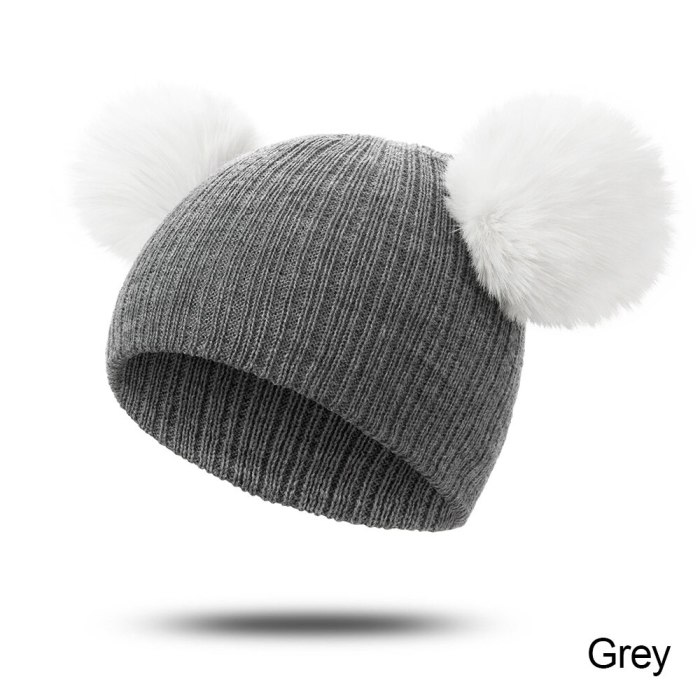Fur Winter Warm Pompom Hat Solid Cotton Beanie Child Knitted Kids Hat