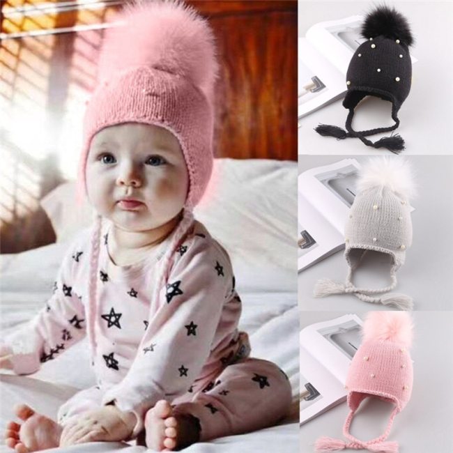 Winter Warm Newborn Infant Kids Hats Baby Girls Hats Hair Ball Earbud Pearl Crochet Hats