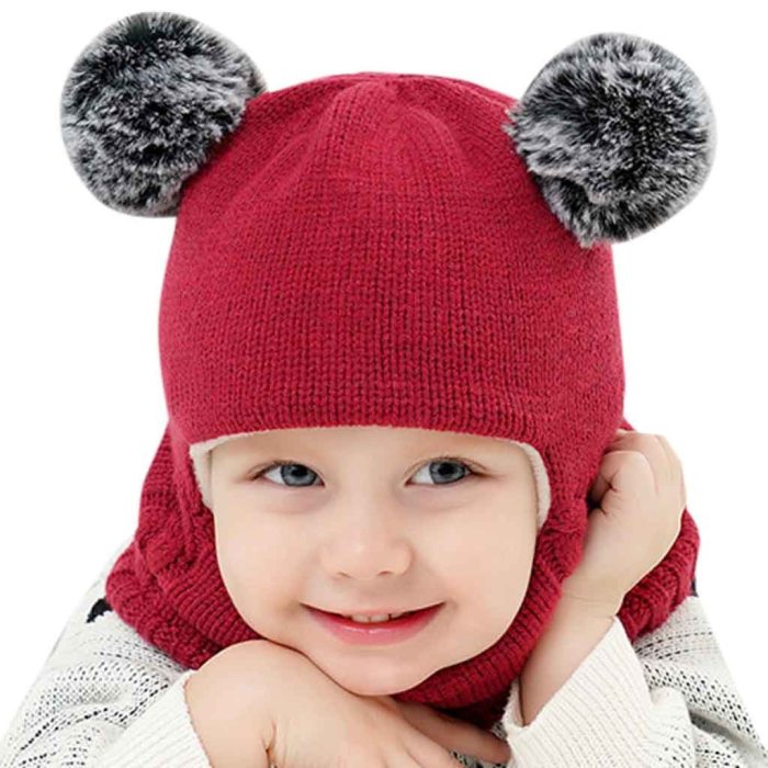 Pom Ball Hat Kids Beanies Cap Girls Boys Warm Wool Hooded Hat Baby Scarves Toddler Caps
