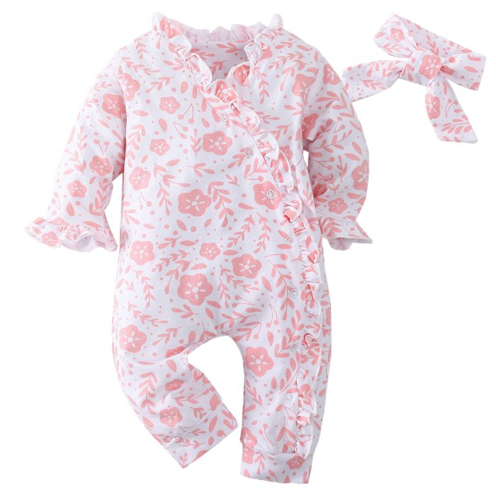 Fashion Pink rabbit print baby girl romper Toddler Long sleeve Cotton Newborn jumpsuit playsuit and headband outfits clothes set