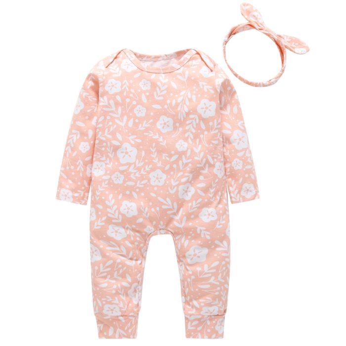 Fashion Pink rabbit print baby girl romper Toddler Long sleeve Cotton Newborn jumpsuit playsuit and headband outfits clothes set