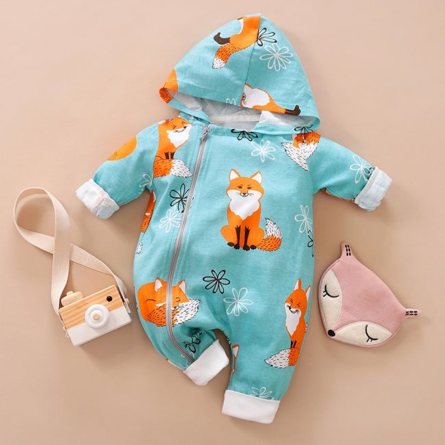 Newborn Baby Boy Girl Infant Hooded Cartoon Fox Print Romper Jumpsuit Playsuit Autumn Winter New Born Baby Clothes 0-24M