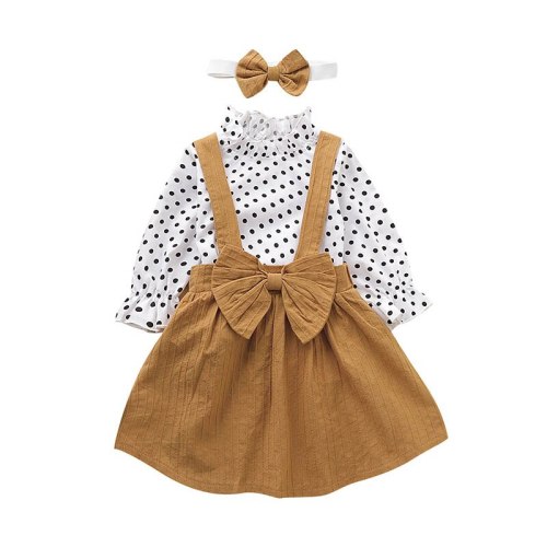 Baby Girls Sets Dot Long sleeve top+strap dress+Headband 3-piece Clothing Suits