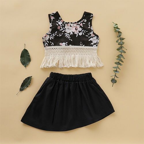 Sweet Flower Big/Little Sister Girl Clothes Sets Outfit Floral Sleeveless Tassel Top+A-Line Solid Skirt