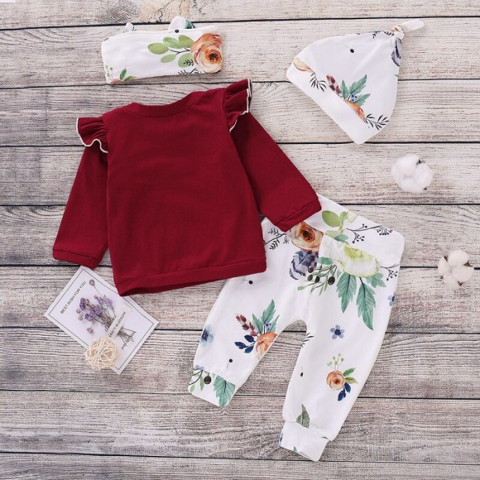New Baby Jumpsuit with Ruffled DrawsChildren's New Cotton Suit Solid Color Blouse Long-sleeved Four-piece Suit Wine Red 100cm
