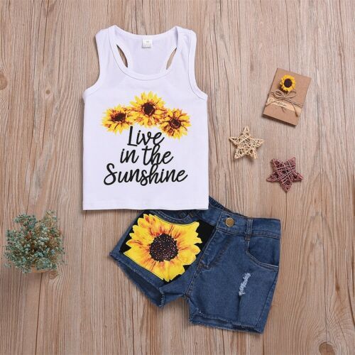 Summer Toddler Sunflower Print Suit For Baby Girl Clothes  Sleeveless T-shirt Outfits