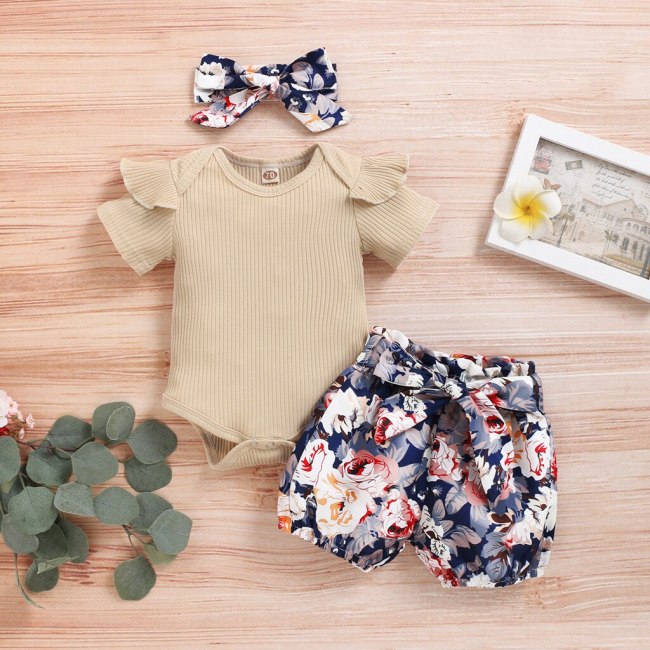 Newborn Kids Baby Girls Outfits Clothes Romper Bodysuit+Flower Print Shorts Set