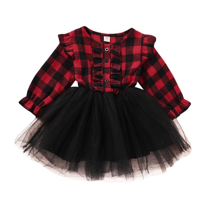 2021 Kids Dresses for Girls Christmas Clothes Party Costume Red Plaid Print  Lace Dress
