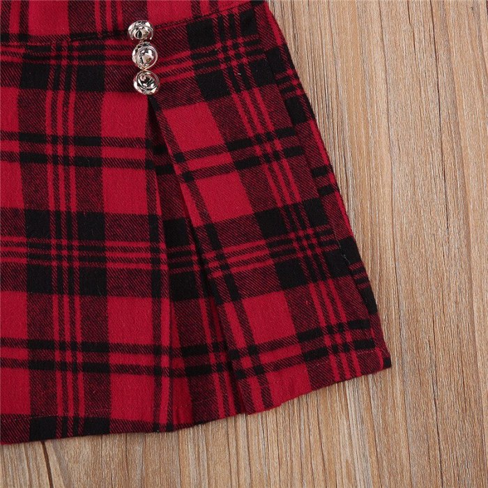 Autumn Newborn Baby Girls Red Plaid Clothes Sets Girl’s Lapel Long Single Breasted Jacket  Suit