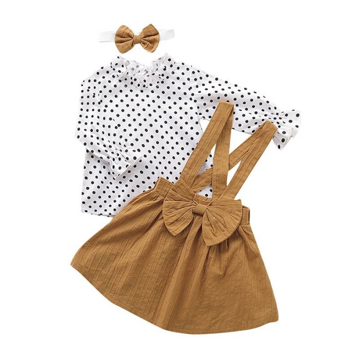 Baby Girls Sets Dot Long sleeve top+strap dress+Headband 3-piece Clothing Suits